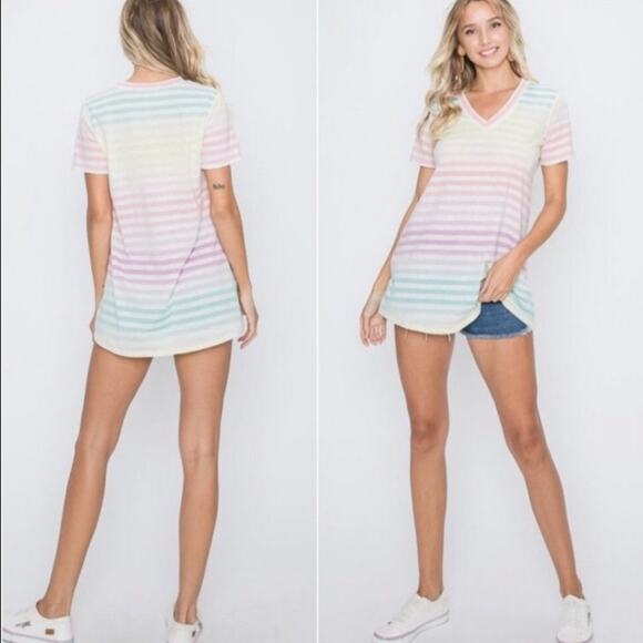 Perfect Peach Medium Short Sleeve T-Shirt Tee Longer Length Colorful Stripe - Picture 7 of 7